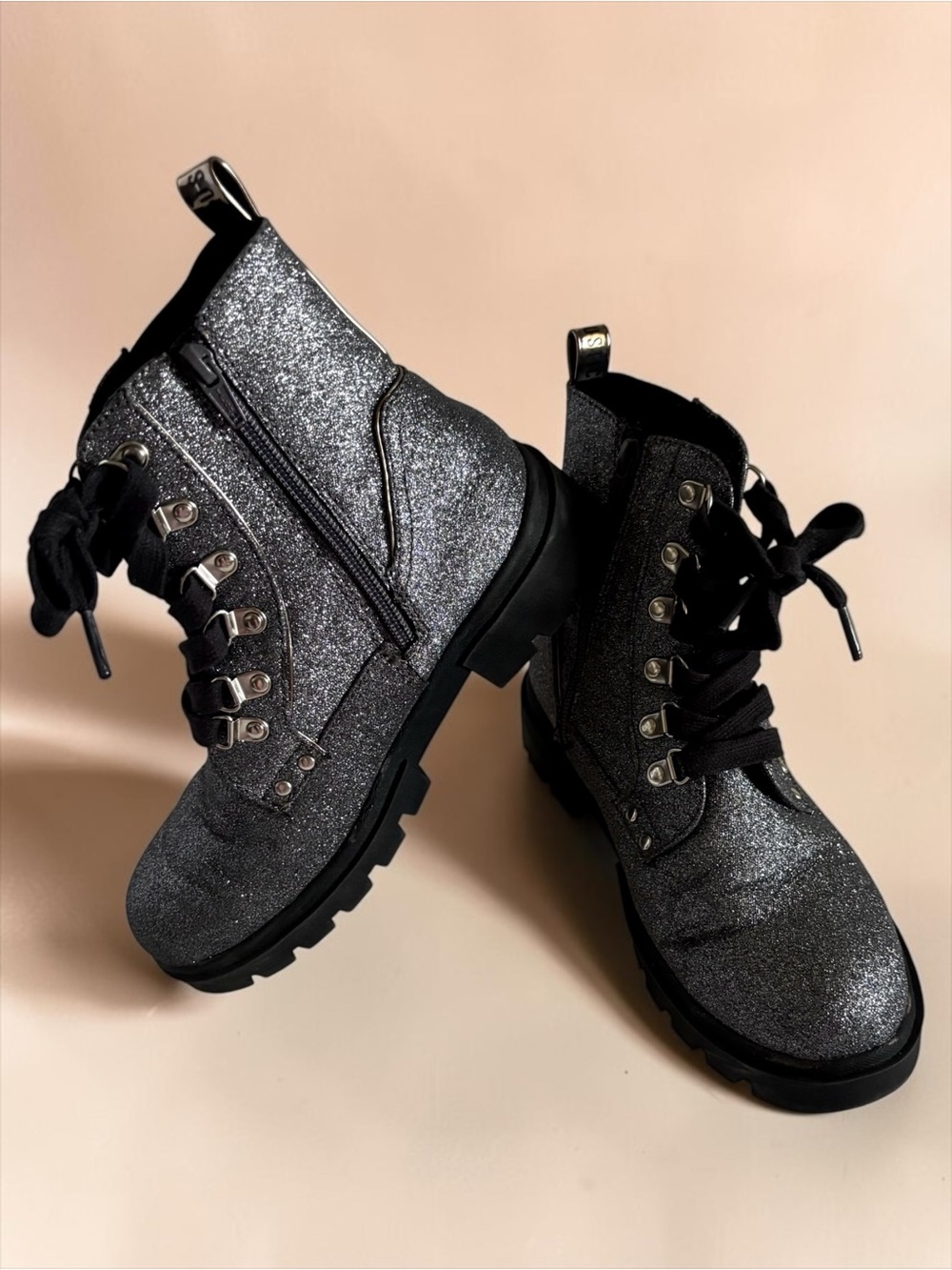 Justice Girls Combat Boots Silver Glitter Size 4 Like New